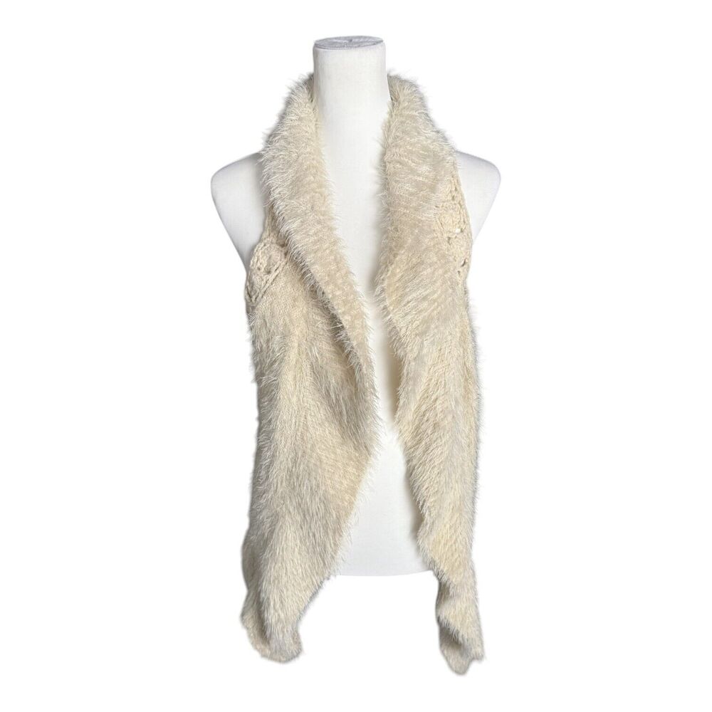Metrics Cream Cowgirl‎ Western Crochet Knit Faux Fur Trim Cardigan Vest XS